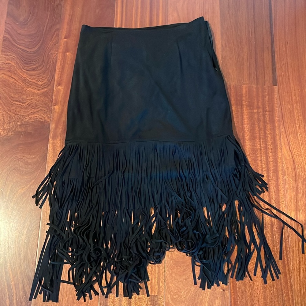Black faux suede fringe skirt